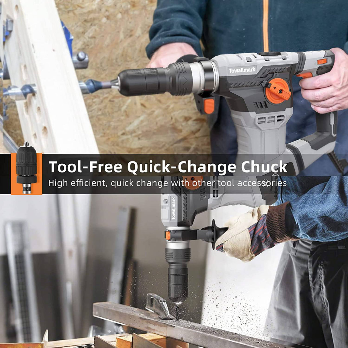 Taladro de martillo giratorio, Towallmark SDS Plus martillo taladro 9 amperios 6J antivibración, peso medio, 4 funciones en 1 perilla martillo giratorio para hormigón, ladrillos, azulejos incluyendo brocas y cinceles - DIGVICE MX