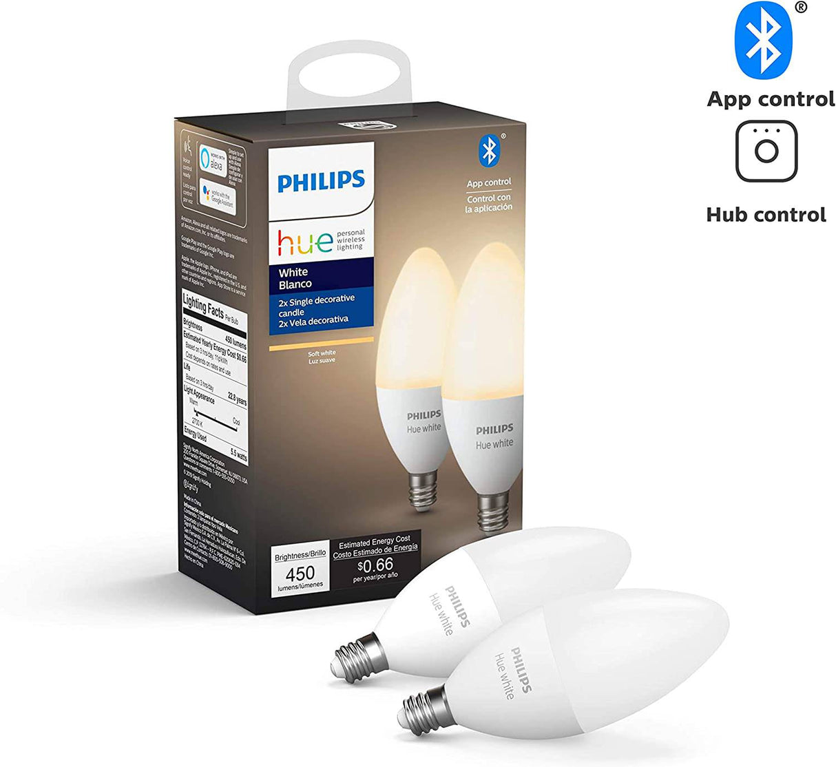 Paquete de 2 velas LED inteligentes Philips Hue White, compatibles con Bluetooth y Zigbee (Hue Hub opcional), funciona con Alexa y Google Assistant: un dispositivo certificado para humanos - DIGVICE MX