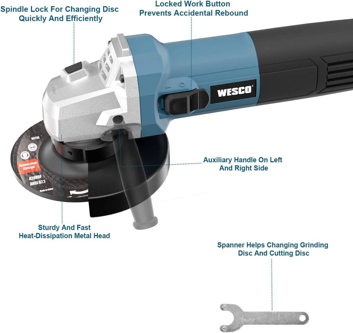 WESCO - Herramienta de amoladora angular de 6 amperios, 11000 RPM, amoladora angular de 4-1/2 pulgadas con mango auxiliar, llave inglesa, protección de seguridad para moler, cortar, 3 ruedas de molienda de metal - DIGVICE MX