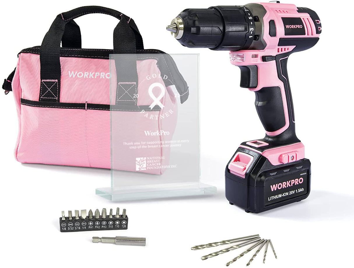 WORKPRO Pink Wireless - Juego de destornilladores de iones de litio de 20 V, 1 batería, cargador y bolsa de almacenamiento incluidos, cinta rosa - DIGVICE MX