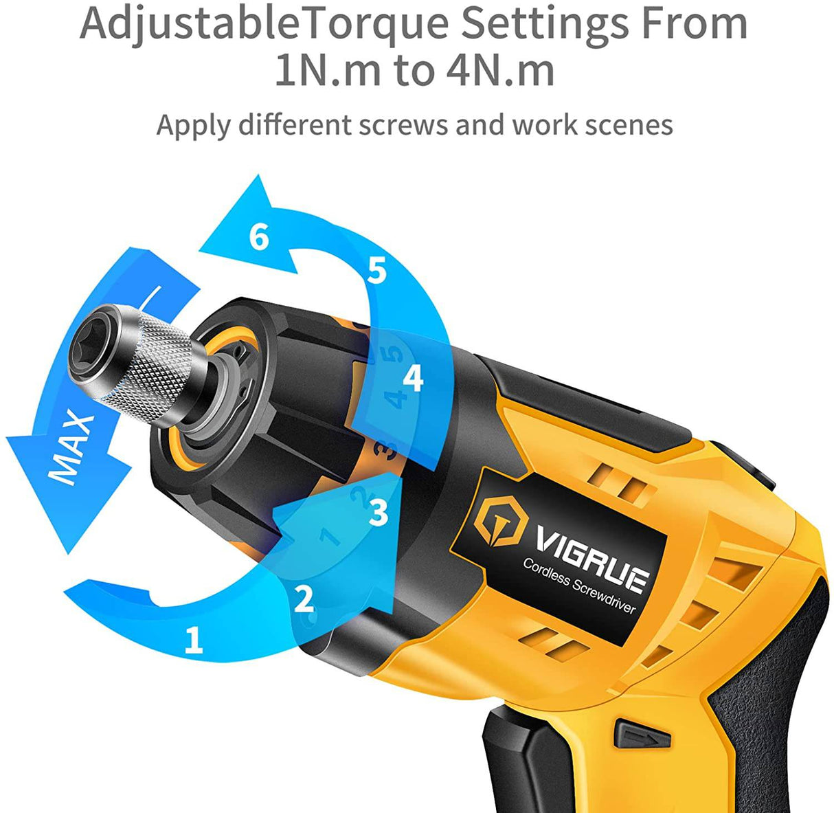 Destornillador inalámbrico VIGRUE, destornillador eléctrico recargable con juego de 48 piezas, indicador de batería, 7 ajustes de par, mango de 2 posiciones con luz LED, eje flexible - DIGVICE MX