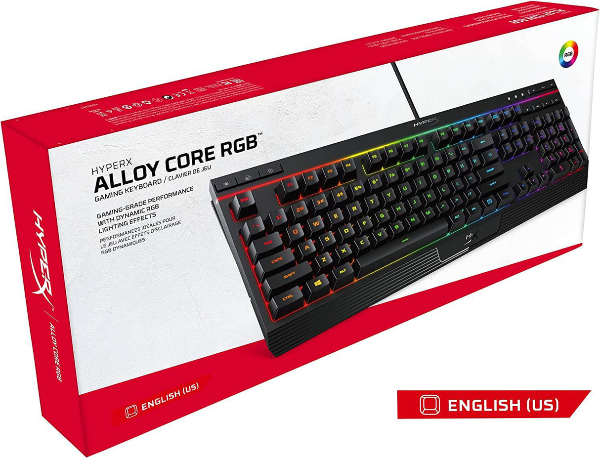 HyperX Alloy Core RGB - Teclado de membrana para juegos, teclas cómodas, silenciosas y silenciosas con efectos de iluminación LED RGB, resistente a derrames, teclas multimedia dedicadas, compatible con Windows 10/8.1/8/7 - Negro