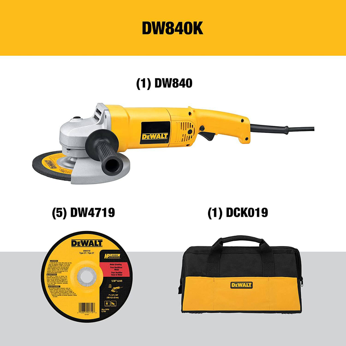 DEWALT Kit de herramientas para amoladora angular con bolsa y ruedas de corte, 7 pulgadas, 13 amperios (DW840K) - DIGVICE MX