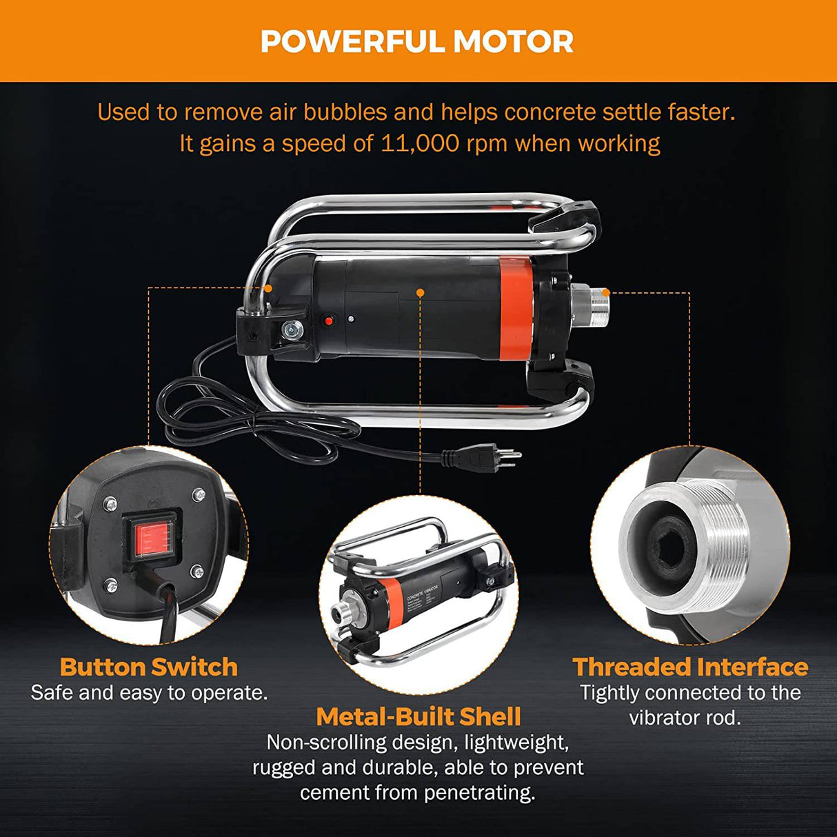 BEAMNOVA Vibrador de hormigón eléctrico de mano 11000 vibraciones por minuto 2HP con eje de 14-3/4 pies - DIGVICE MX