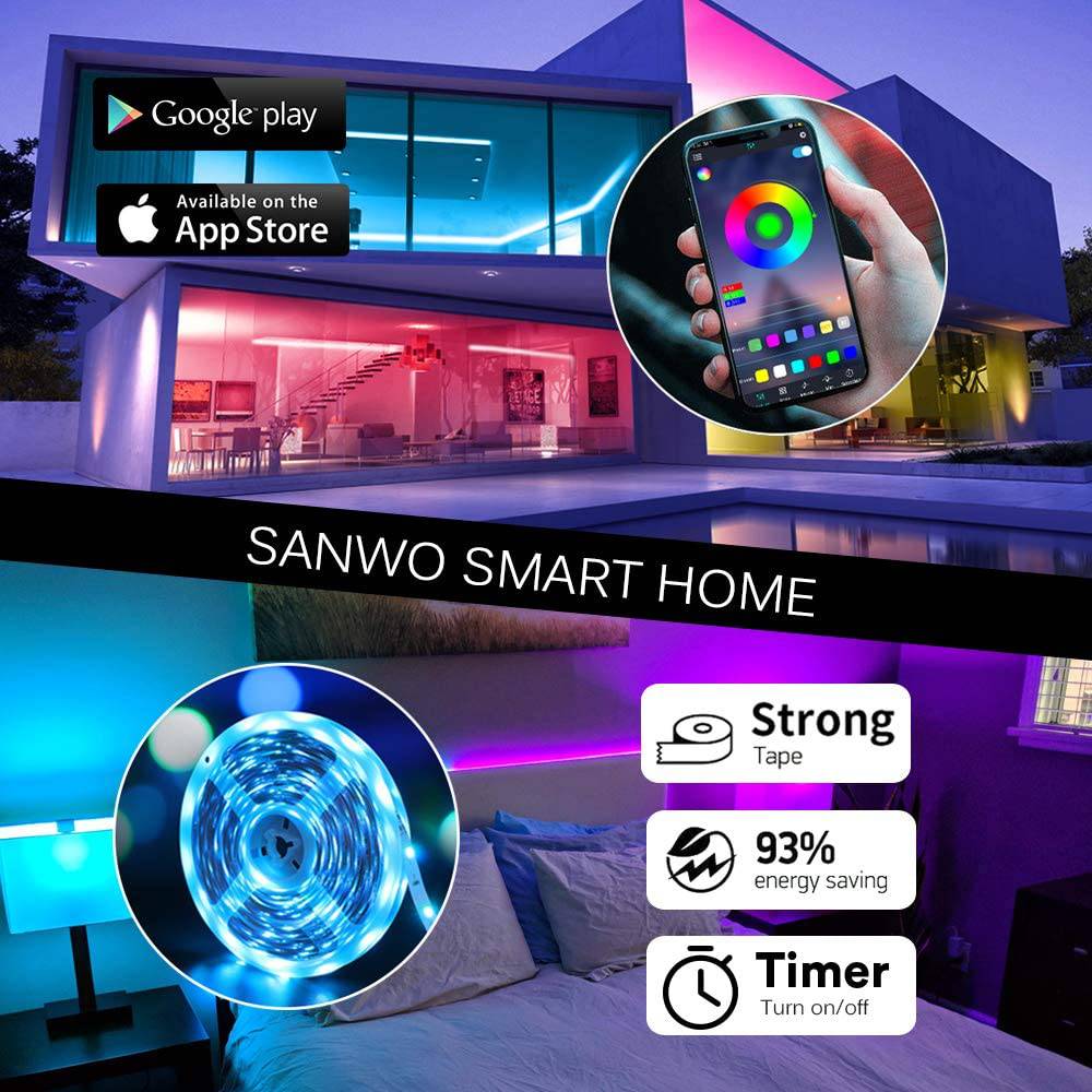 SANWO Tira de luces LED, tira de luces LED RGB de 65,6 pies, control de aplicación para iluminación de habitación, kits de luces de cinta que cambian de color con mando a distancia, tira LED de sincronización de música flexible - DIGVICE MX