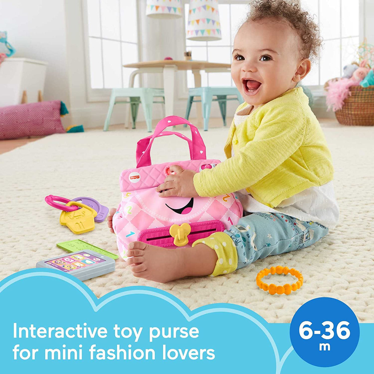 Fisher-Price Smart Purse Juguete de aprendizaje con luces, contenido educativo Smart Stages para bebés y niños pequeños - GMM68