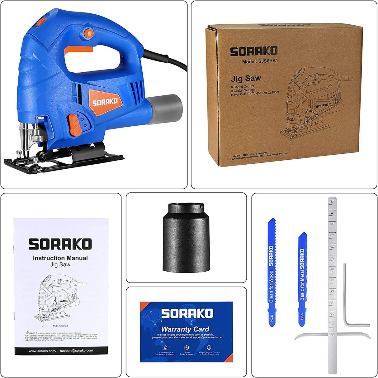 Sierra de calar SORAKO, herramienta de 5,0 amperios con 6 velocidades variables, 4 juegos orbitales, corte biselado: ±45°, profundidad máxima de corte de 2-3/8 pulgadas para madera, 800-3000SPM, con cable con 2 cuchillas y regla de escala - DIGVICE MX