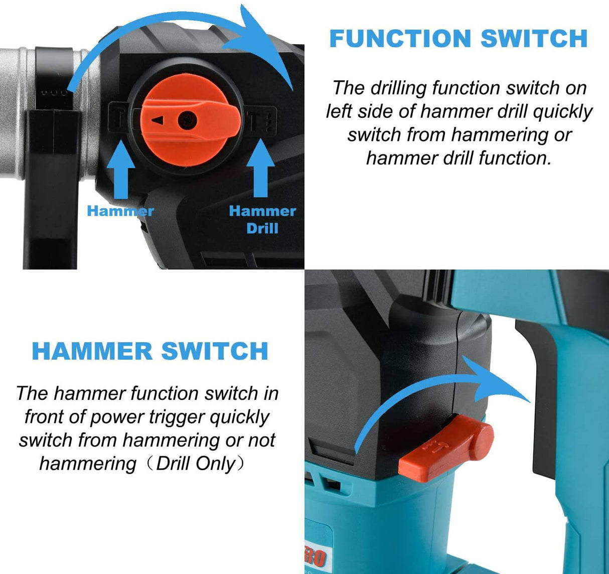 ENEACRO Taladro de martillo giratorio de 1-1/4 pulgadas SDS-Plus de 12.5 amperios, embrague de seguridad 3 funciones con control de vibración incluyendo grasa, cinceles y brocas con estuche - DIGVICE MX