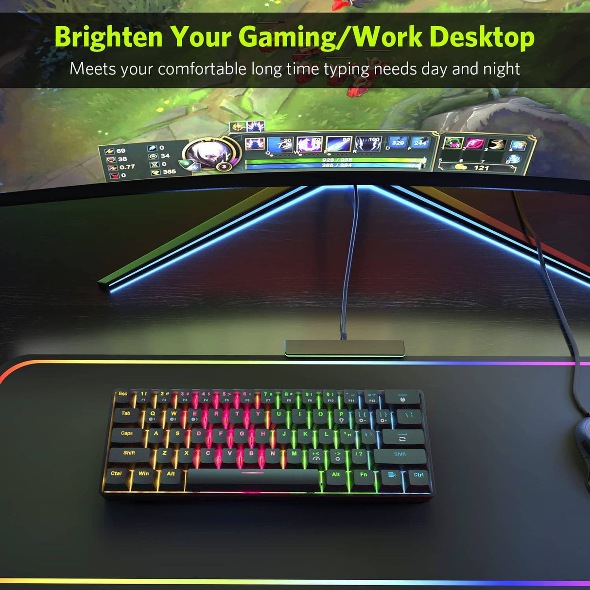 Fiodio 61 teclas RGB inalámbrico y teclado mecánico para juegos con cable con interruptores azules, sonido de clic audible Arco iris portátil compacto mini teclado de oficina para juegos de PC con Windows, (F-SG61)