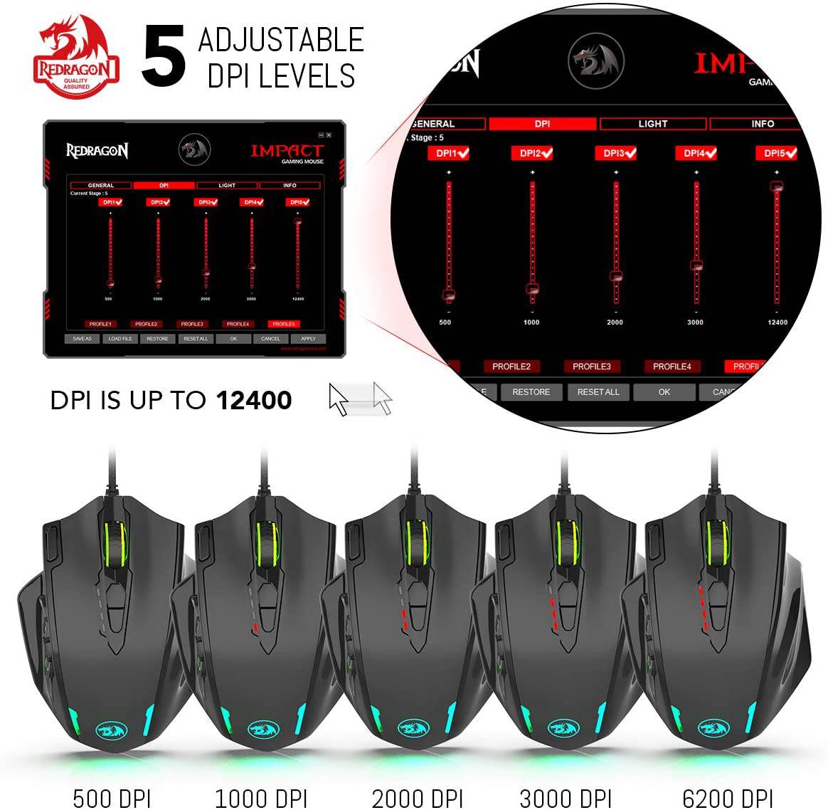 Ratón Redragon M908 Impact RGB LED MMO con botones laterales Ratón óptico para juegos con cable con 12 400 DPI, alta precisión, 20 botones de ratón programables