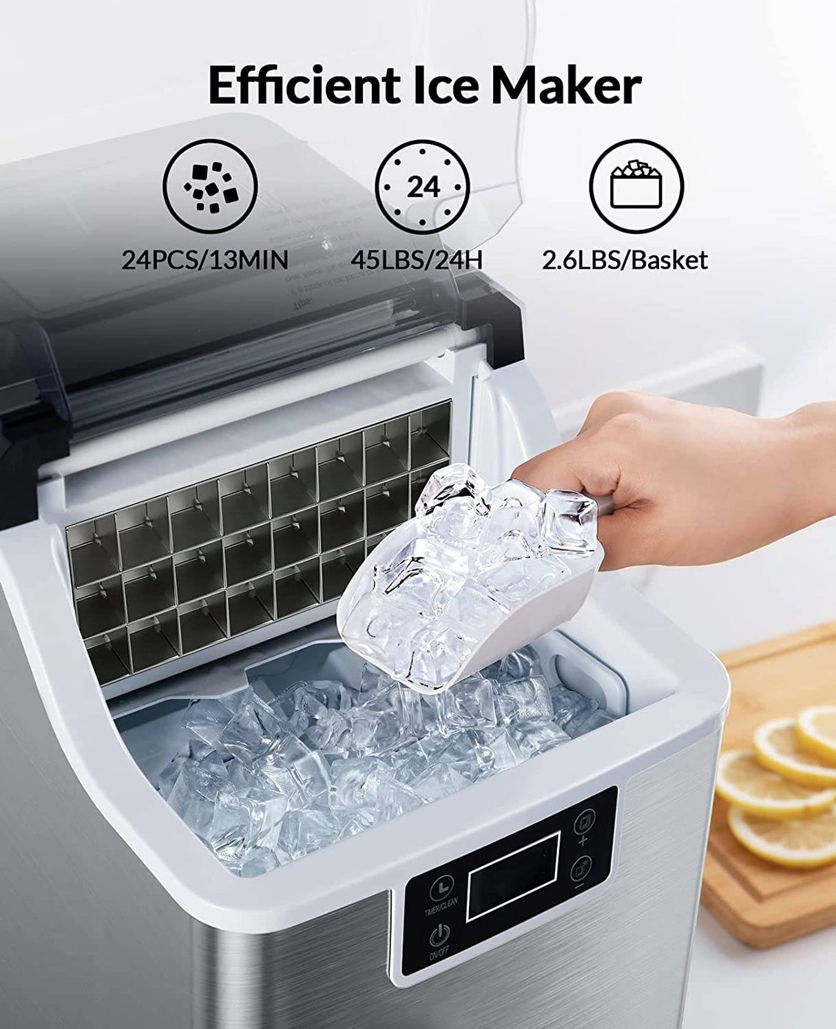 Silonn Countertop Ice Cube Ice Makers, 45 libras por día, autolimpieza automática, 24 cubitos de hielo en 13 minutos, 2 formas de añadir agua, máquina de hielo compacta para el hogar, oficina, bar, fiesta, SLIM02 - DIGVICE MX
