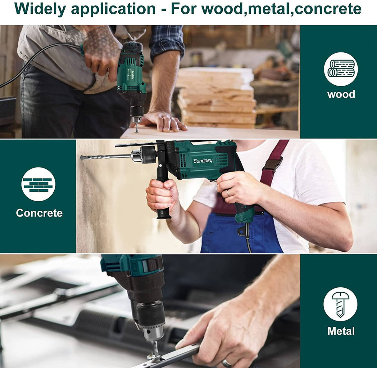 Sundpey Taladros eléctricos con cable - 1/2 pulgada 710W Velocidad variable 0-2800rpm Juego de 80 piezas Taladro de impacto con cable Dos modos Manija giratoria Medidor de profundidad para mejorar el hogar Construcción Concreto - DIGVICE MX