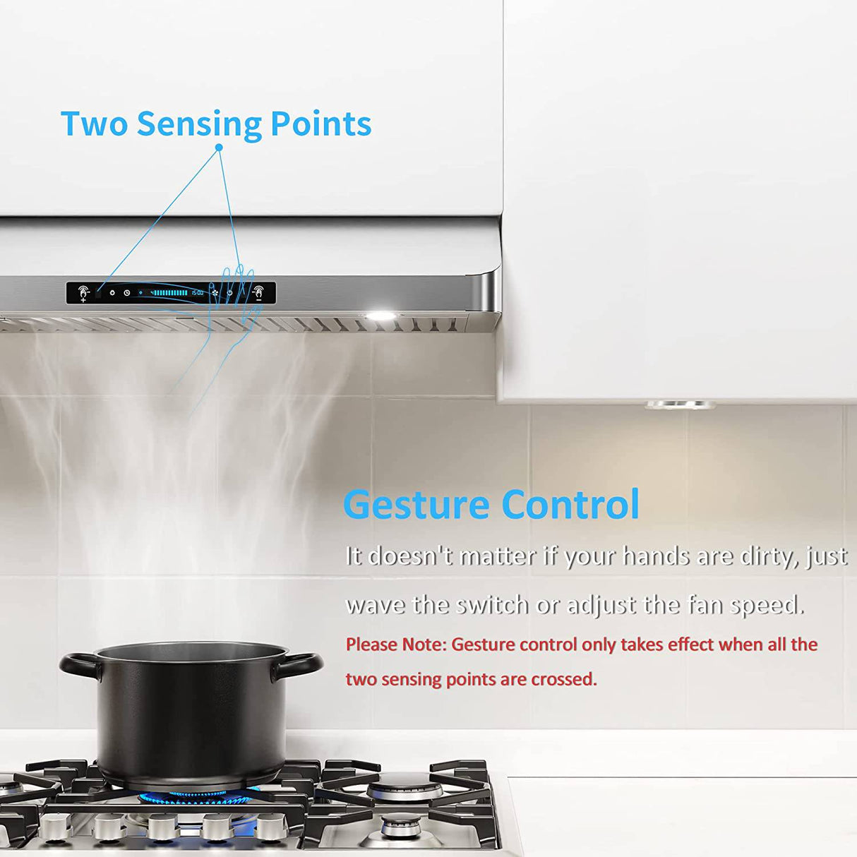 IKTCH Campana extractora para debajo del gabinete de 30 pulgadas con 900-CFM, sensor de gestos de 4 velocidades y panel de control táctil, ventilación de cocina de acero inoxidable con 2 filtros deflectores (IKC01-30) - DIGVICE MX