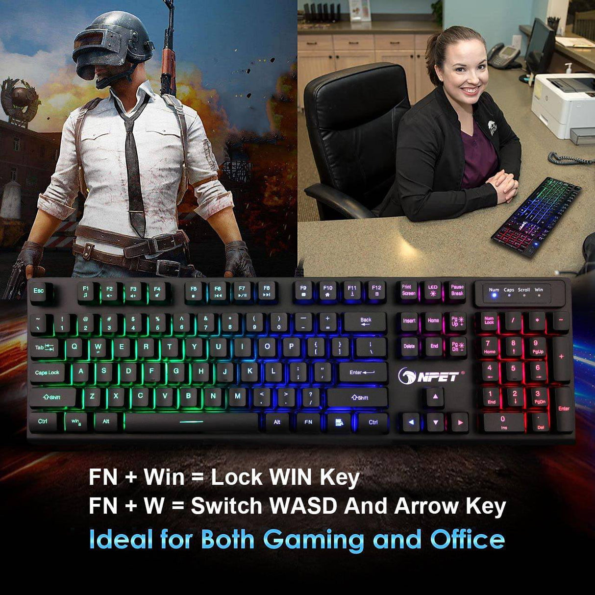 NPET K10 - Teclado para juegos, retroiluminación RGB, diseño resistente a derrames, teclas multimedia, teclado de membrana USB silencioso y silencioso para escritorio, computadora, PC (negro)