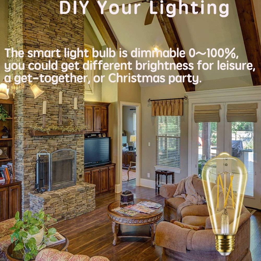 SMARTOTO - Bombilla inteligente WiFi Edison ámbar compatible con Alexa y Google Assistant, vintage regulable E26 ST21 ST64 equivalente a 60 W 2700 K blanco suave no requiere concentrador bombillas LED doradas (1 paquete) - DIGVICE MX