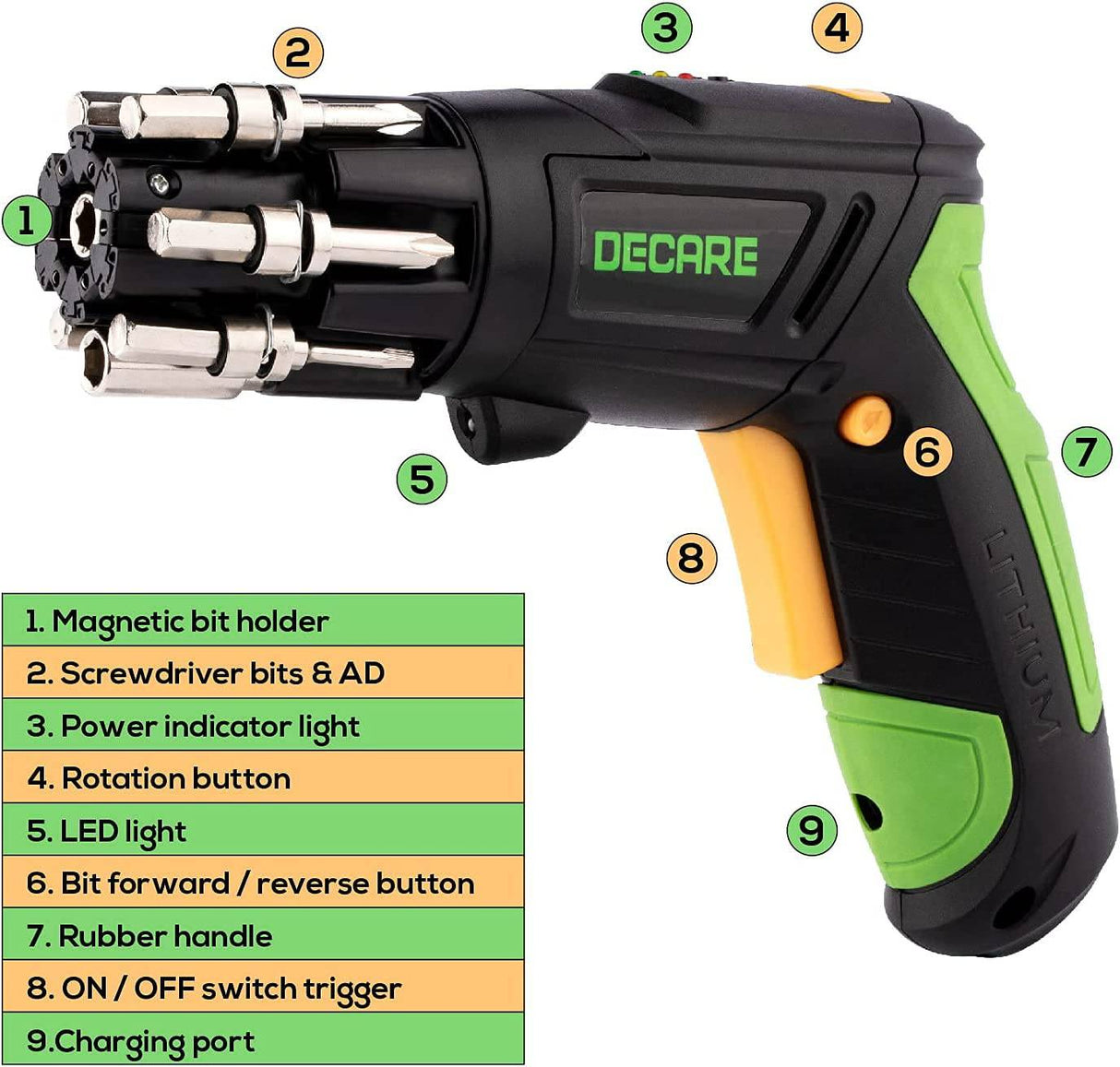 Destornillador eléctrico Decare, pistola de tornillo eléctrica inalámbrica recargable de 3,6 V con 6 uds. Bits, 1 Uds. Adaptador de extensión y luz LED - DIGVICE MX