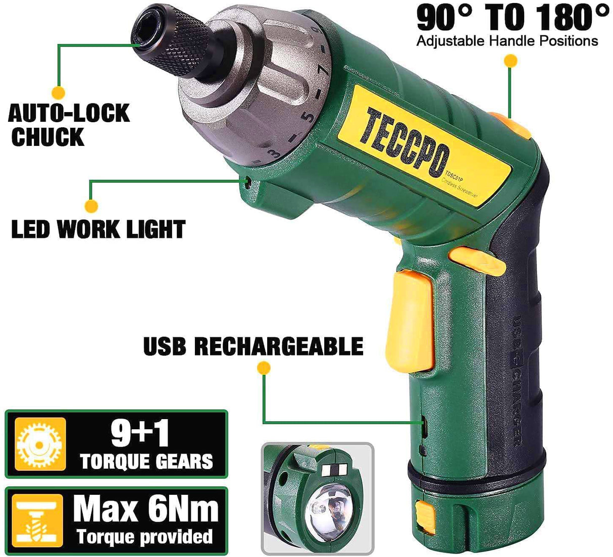 Destornillador inalámbrico, 45 piezas 6 N.m, destornillador eléctrico TECCPO 4 V, 9+1 engranajes de par, destornillador inalámbrico recargable con iones de litio de 2000 mAh, portabrocas hexagonal de 1/4 pulgadas, 2 LED, 2 posiciones ajustables - DIGVICE MX