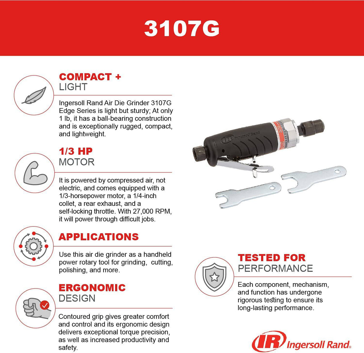 Ingersoll Rand 3107G Air Die Grinder Edge Series - 1/4", resistente, recto, empuñadura ergonómica, construcción de rodamiento de bolas, herramienta liviana, negro - DIGVICE MX