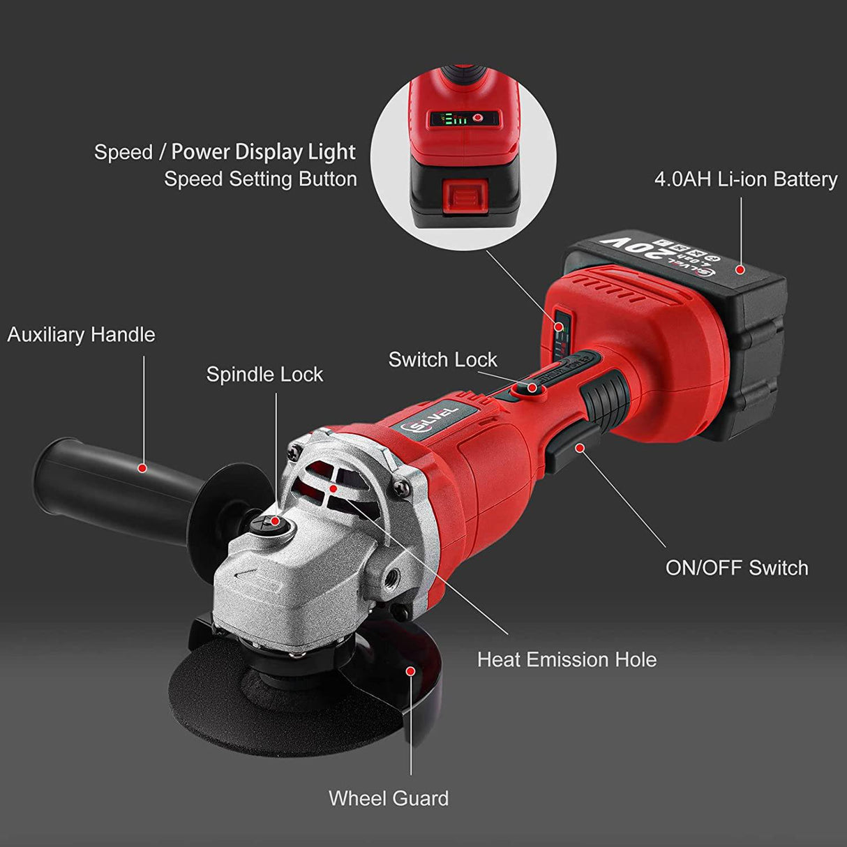 Amoladora angular inalámbrica SILVEL de 20 V, amoladora inalámbrica de 4 pulgadas y 9000 RPM con batería de iones de litio de 4,0 Ah, cargador, mango de 2 posiciones, amoladoras angulares eléctricas para cortar y pulir - DIGVICE MX