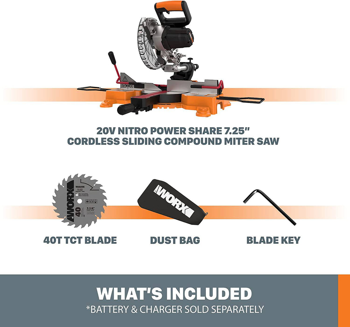 Worx WX845L.9 20V Power Share 7.25" sierra ingletadora compuesta deslizante inalámbrica (solo herramienta) - DIGVICE MX