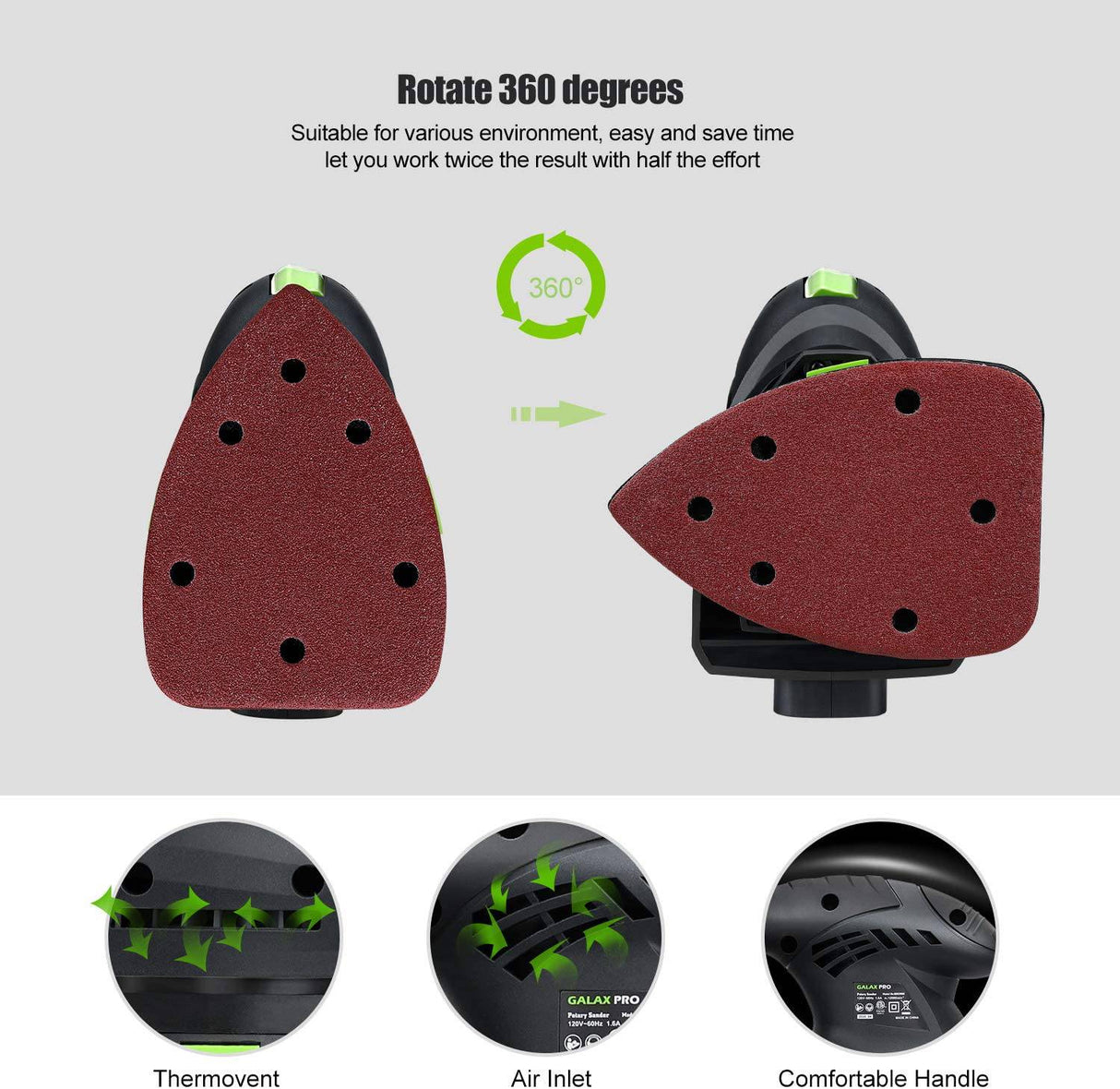 Lijadora orbital eléctrica GALAX PRO, lijadora de detalle de 12000 OPM con 10 piezas de papel de lija, lijadora manual de 1,6 A con cable de alimentación y sistema de recolección de polvo (QD6306C) - DIGVICE MX