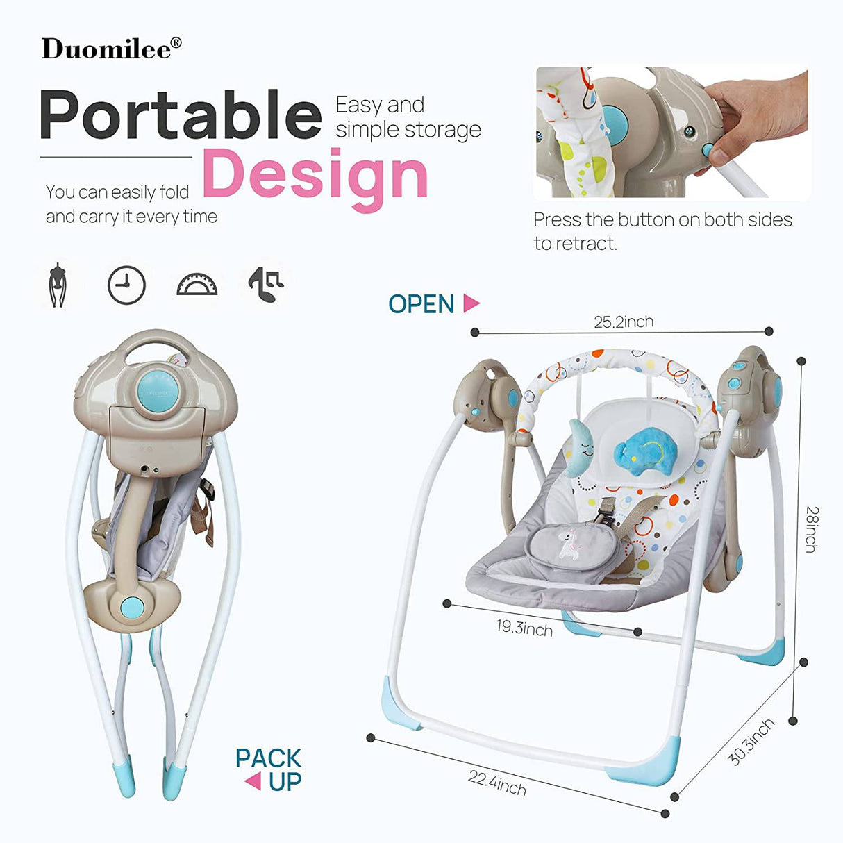 DUOMILEE - Columpio portátil relajante para bebés, eléctrico para bebés con caja de vibración de música inteligente, Resistencia de carga de la mecedora cómoda: 6-25 lb, Objeto aplicable: 0-9 meses para bebés. - DIGVICE MX