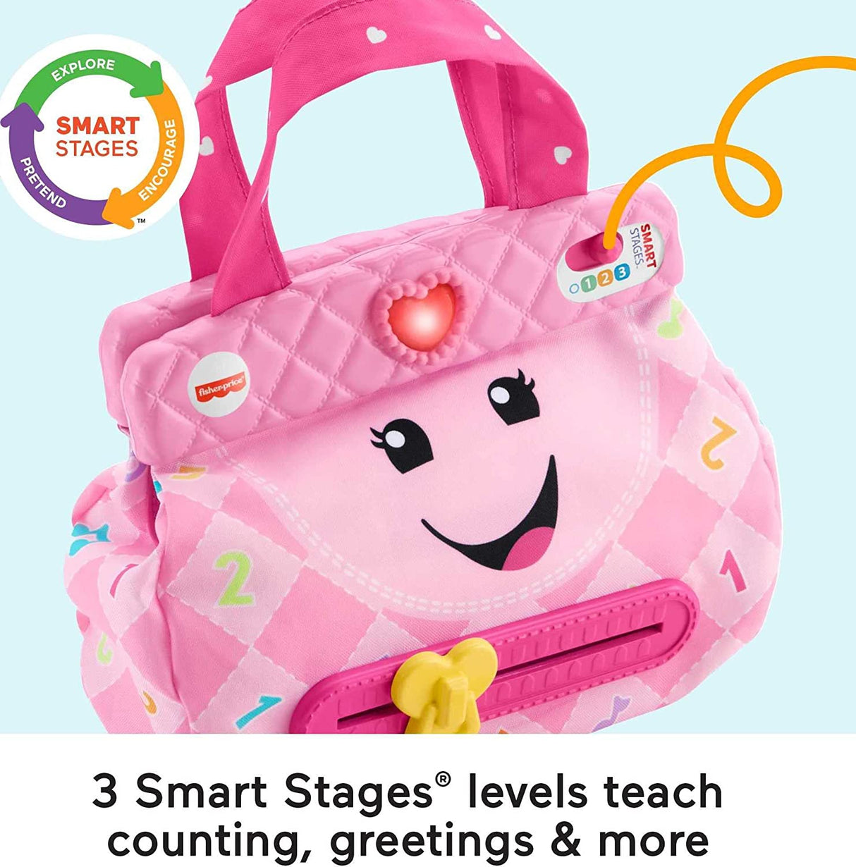 Fisher-Price Smart Purse Juguete de aprendizaje con luces, contenido educativo Smart Stages para bebés y niños pequeños - GMM68