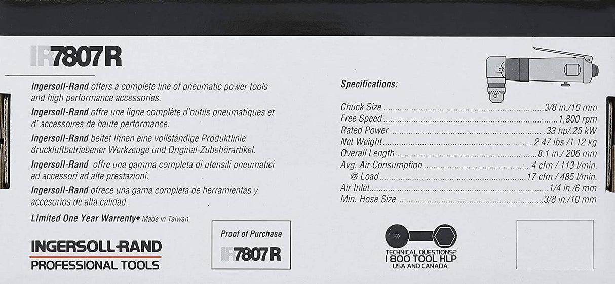 Ingersoll Rand 7807R Taladro angular neumático reversible de 3/8", servicio estándar, 1800 RPM, mandril Jacobs Multi-Craft silencioso y duradero, tapón de grasa - DIGVICE MX