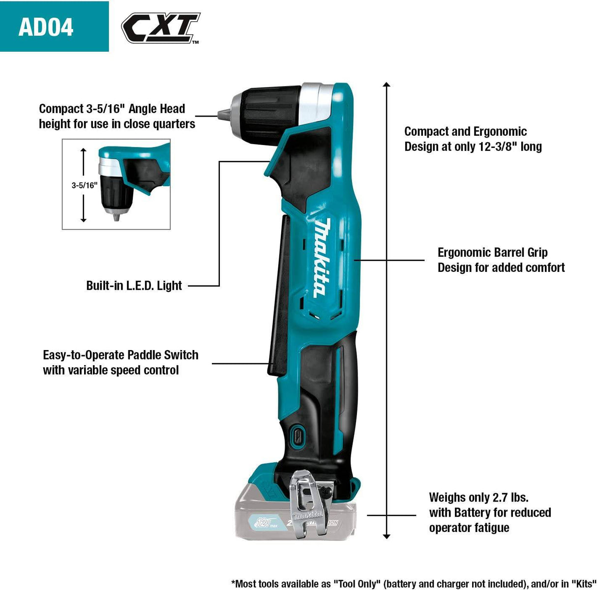 Makita AD04R1 12V max CXT Kit de taladro en ángulo recto, 3/8" - DIGVICE MX