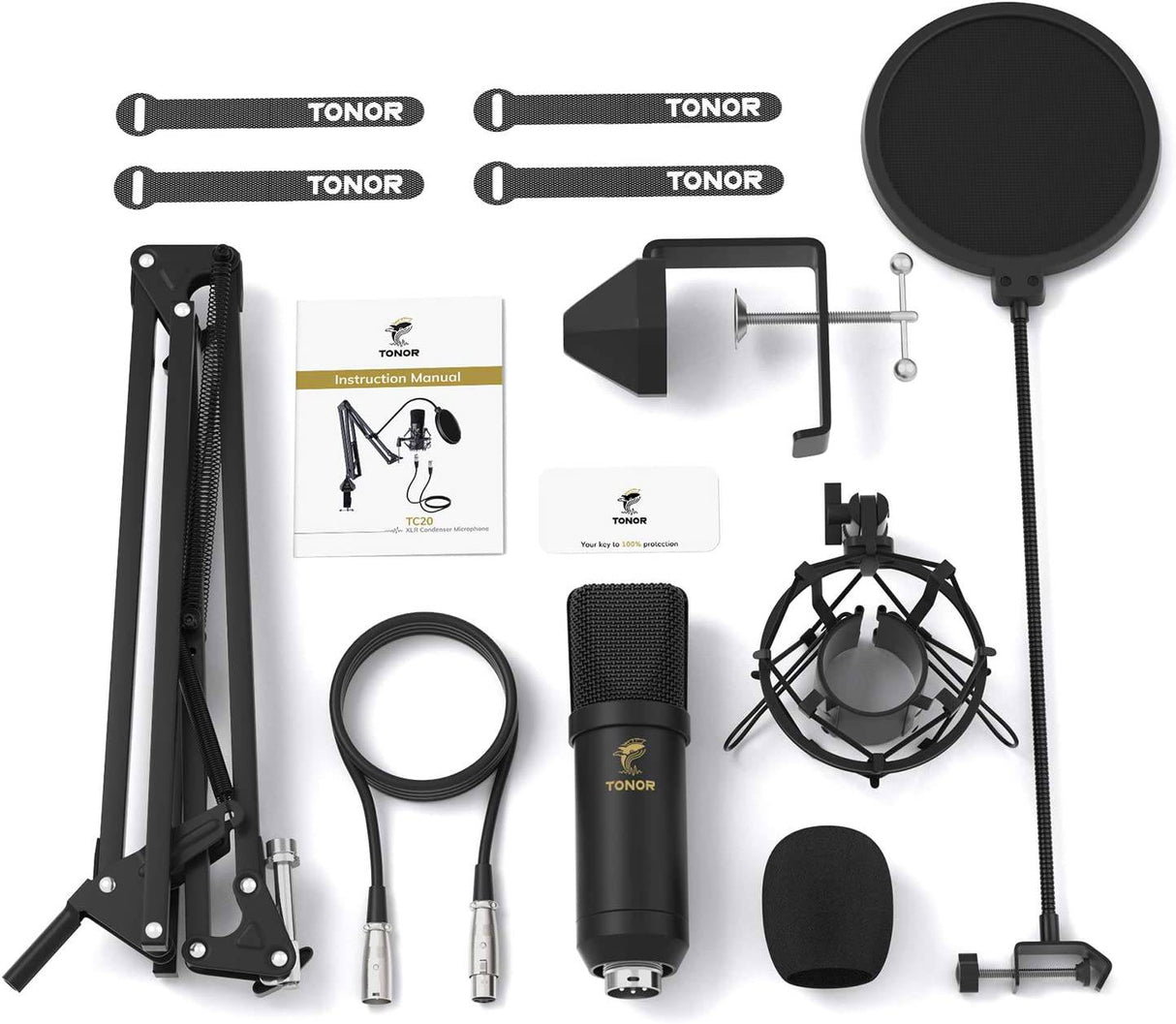TONOR XLR - Micrófono de condensador, kit de micrófono de estudio cardioide profesional TONOR con brazo de pluma T20, soporte de choque, filtro pop para grabación, podcasting, voz en off, transmisión, Home Studio, YouTube (TC20)