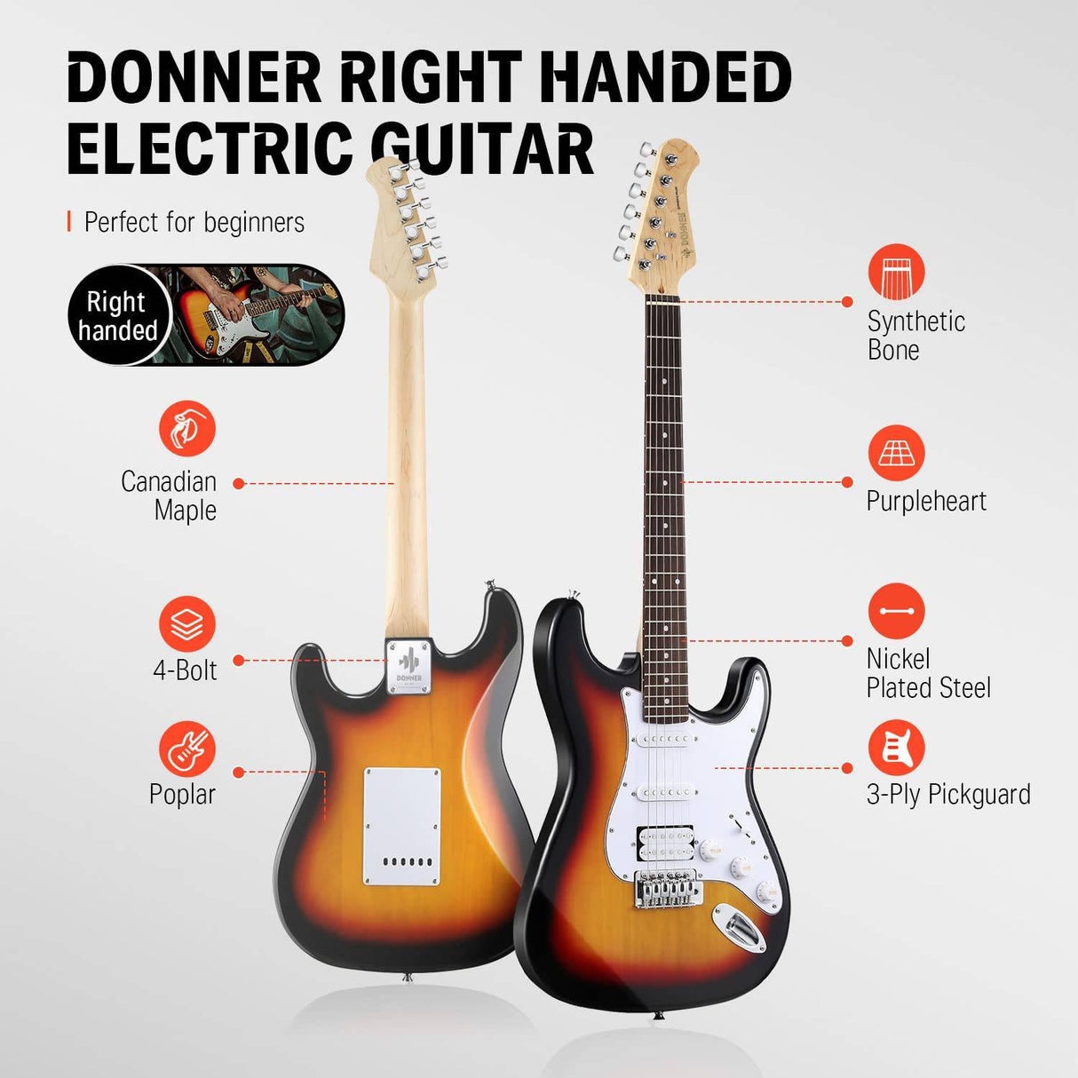Donner DST-100S Kit de guitarra eléctrica de tamaño completo de 39 pulgadas Sunburst de cuerpo sólido, principiantes, con amplificador, bolsa, capo, correa, cuerda, sintonizador, cable, púas