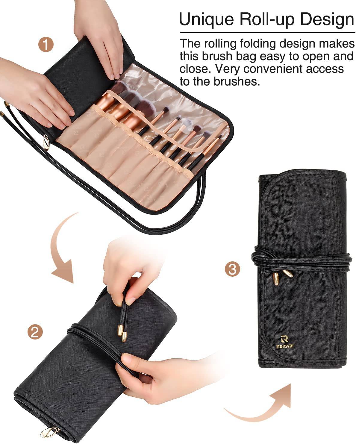 Relavel - Estuche para brochas de maquillaje Estuche para brochas de maquillaje, Estuche de cuero negro con bolsa transparente pequeña