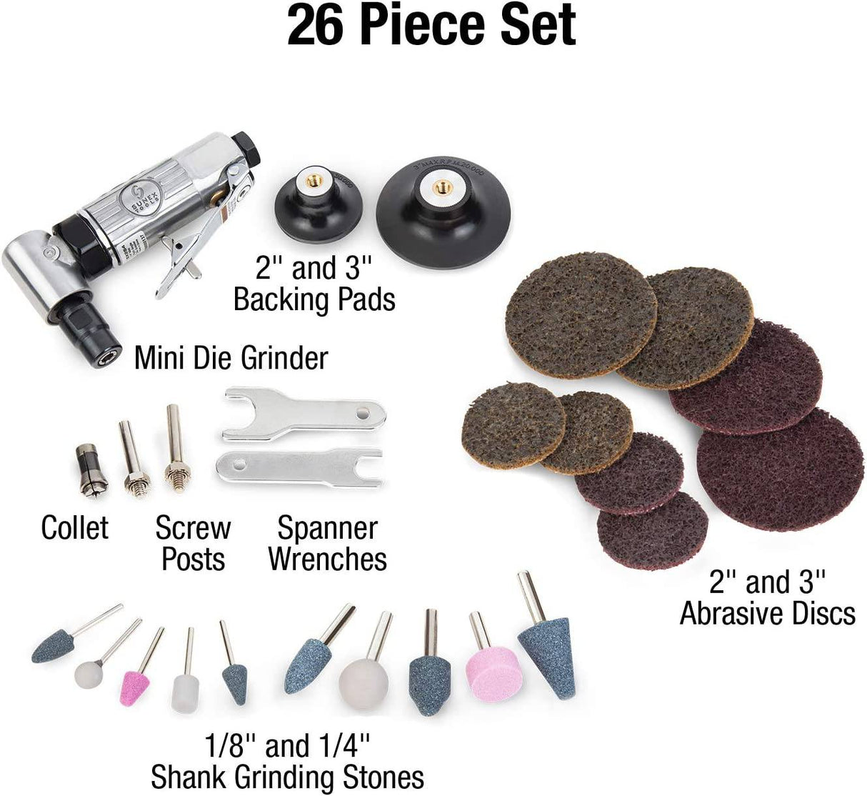 SUNEX TOOLS SX264K, kit de molinillo de aire de ángulo recto mini de 1/4 pulgadas con regulador de velocidad, acelerador de seguridad, construcción de rodamientos de bolas y estuche de almacenamiento, 20000 RPM - DIGVICE MX