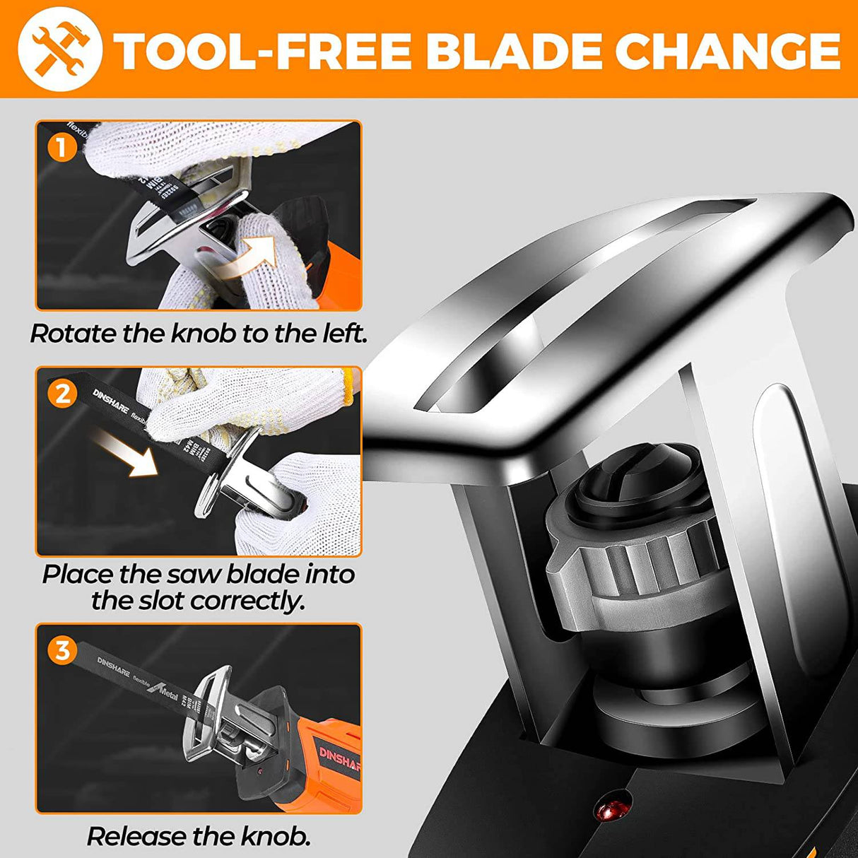 DINSHARE Sierra recíproca inalámbrica: alimentada por batería de 20 V 2,0 Ah con corte de alta eficiencia, cargador rápido de 45 minutos, 6 hojas de sierra, cambio de hoja sin herramientas, - DIGVICE MX