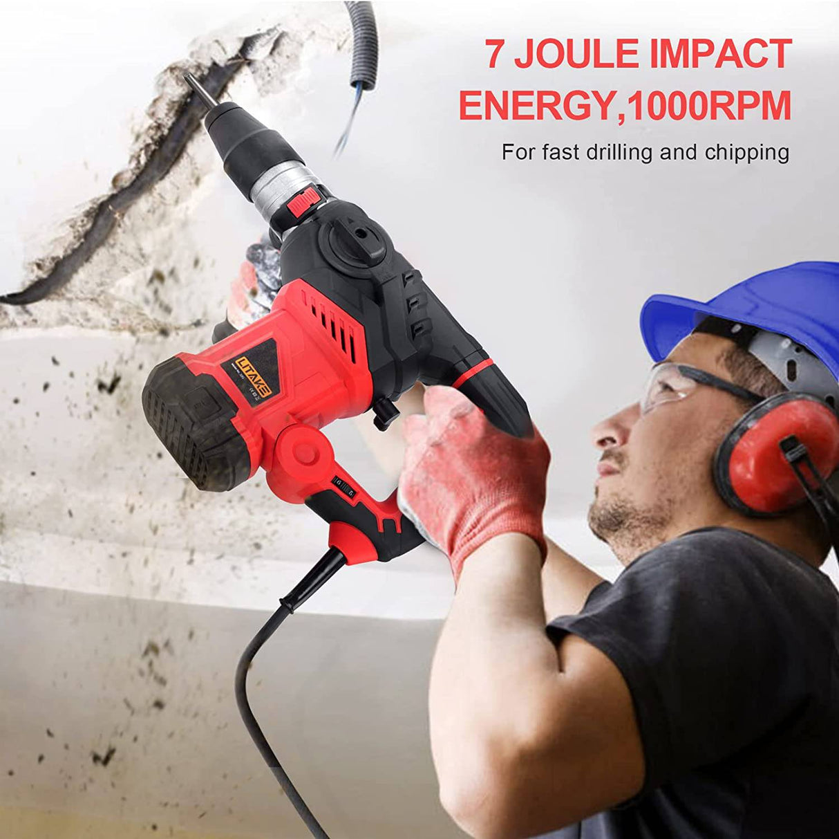 Taladro percutor, Litake 1-1/4 pulgadas SDS Plus 13 Amp 7J Taladros percutores de servicio pesado, Martillo giratorio con control de vibración y embrague de seguridad, Martillo de demolición para concreto, Eliminación de azulejos, Ladrillo de pared - DIGVICE MX