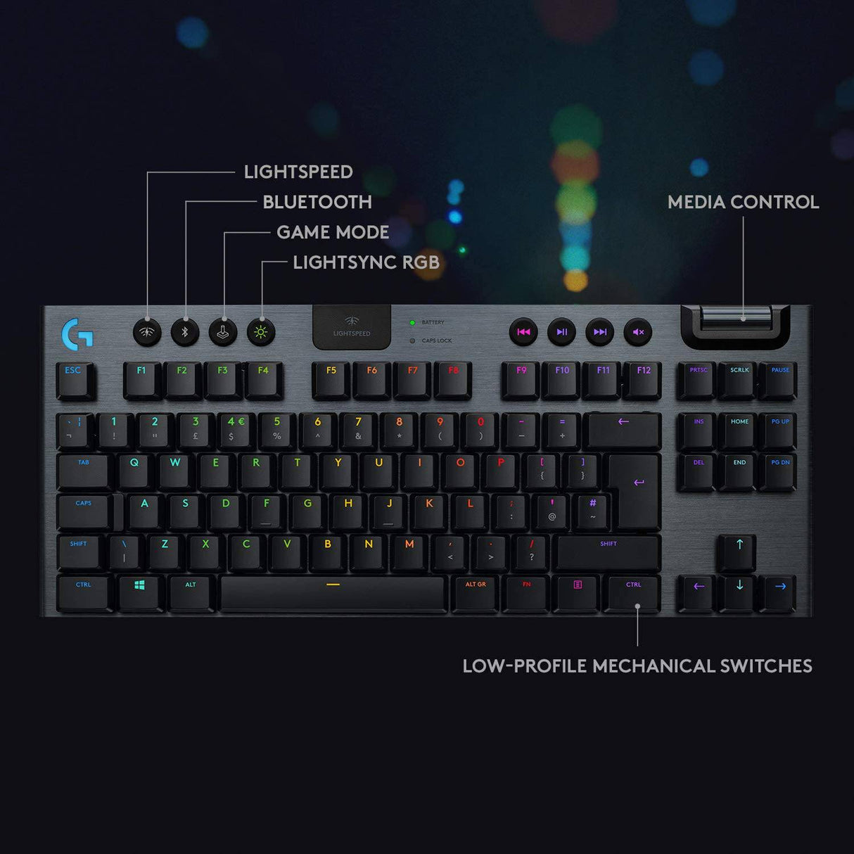 Logitech G915 TKL Tenkeyless Lightspeed Wireless RGB Teclado mecánico para juegos, opciones de interruptor de perfil bajo, LIGHTSYNC RGB, soporte inalámbrico avanzado y Bluetooth - Clicky, negro