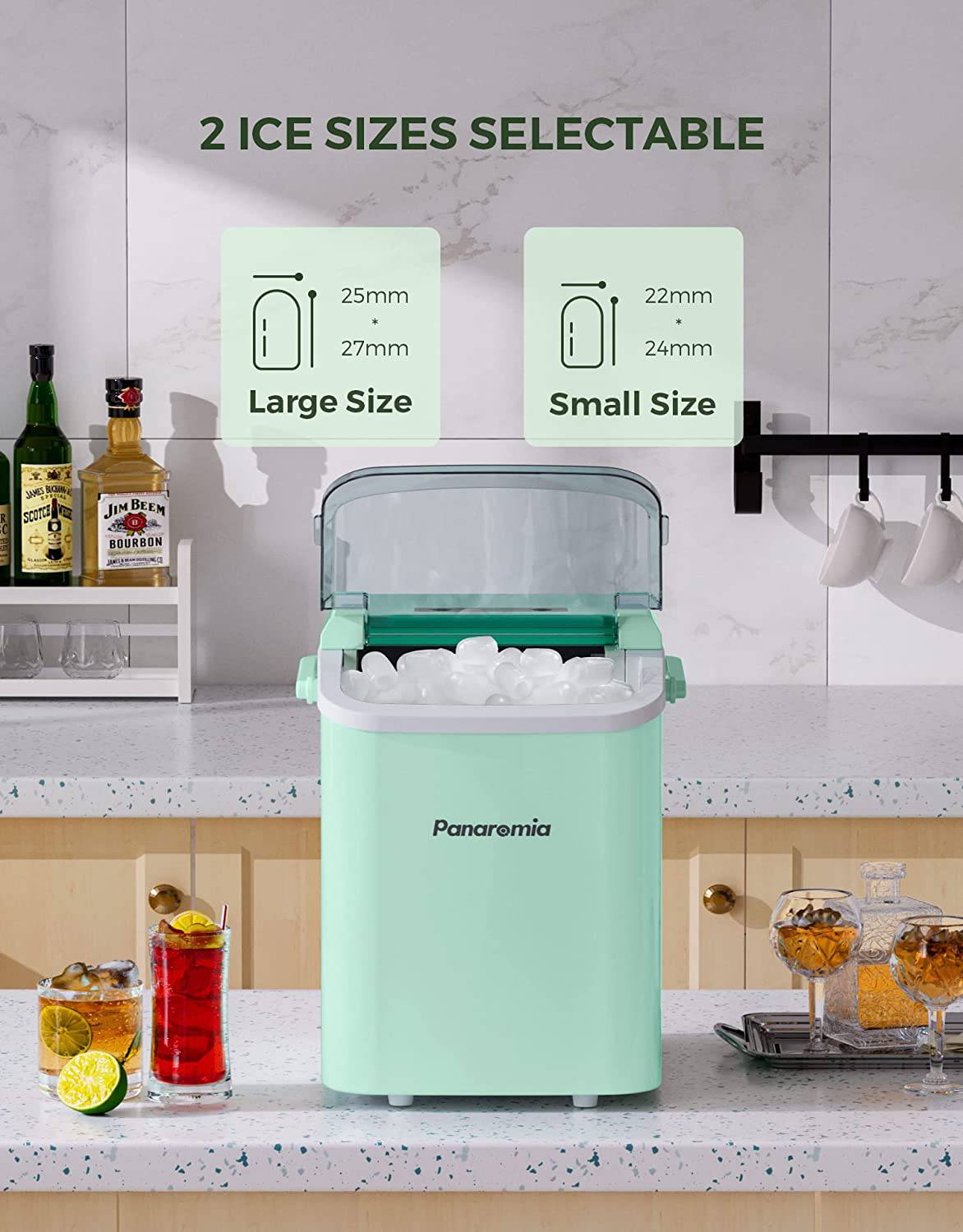 Panaromia - Encimera para máquina para hacer hielo, 27 libras en 24 horas, encimera para hacer hielo autolimpiante con asa, 9 cubos listos en 8 minutos, máquina para hacer hielo eléctrica con cuchara para hielo y cesta Hogar/Cocina/Oficina - DIGVICE MX