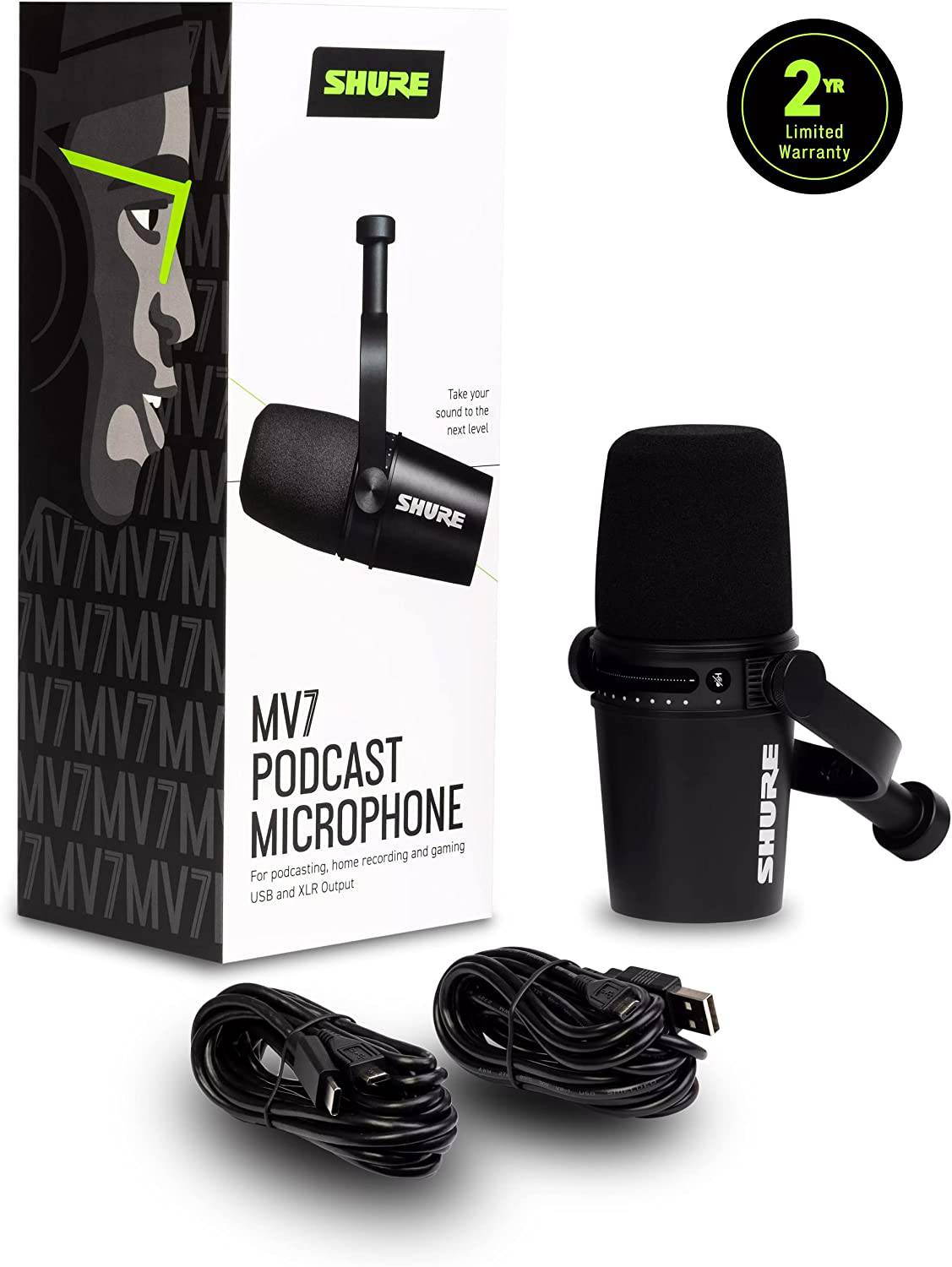 Shure MV7 Micrófono USB para podcasting, grabación, transmisión en vivo y juegos, salida de auriculares integrada, micrófono dinámico USB/XLR totalmente metálico, tecnología de aislamiento de voz, certificación TeamSpeak y Zoom, negro