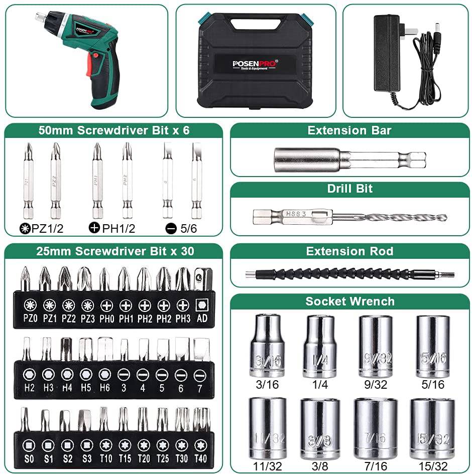 Destornillador eléctrico inalámbrico POSENPRO, destornillador de potencia recargable de 7,2 V con 48 accesorios, pistola de tornillo con ajuste de par 6+1 y mango giratorio para bricolaje doméstico, embalaje BMC - PCCS24GU - DIGVICE MX