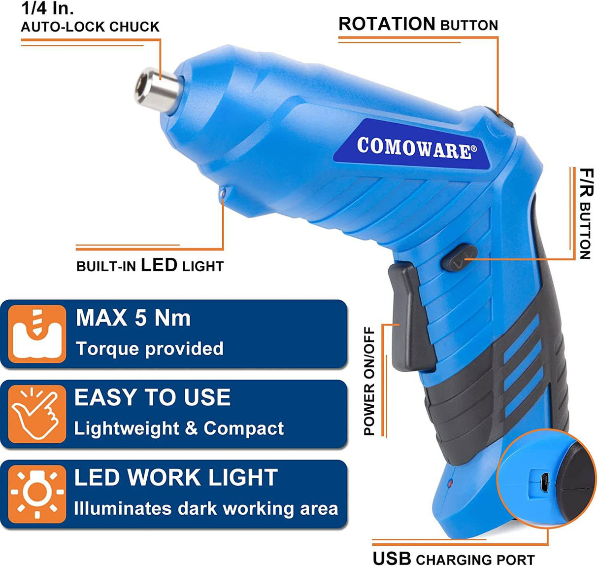 COMOWARE Destornillador eléctrico, 3.6V Max 5Nm Destornillador inalámbrico Recargable Set con 47 Kit de accesorios - DIGVICE MX