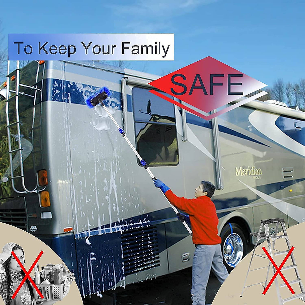 Zolker 5-12 pies (alcance de 20 pies) flujo a través del cepillo de lavado de autos, mango largo