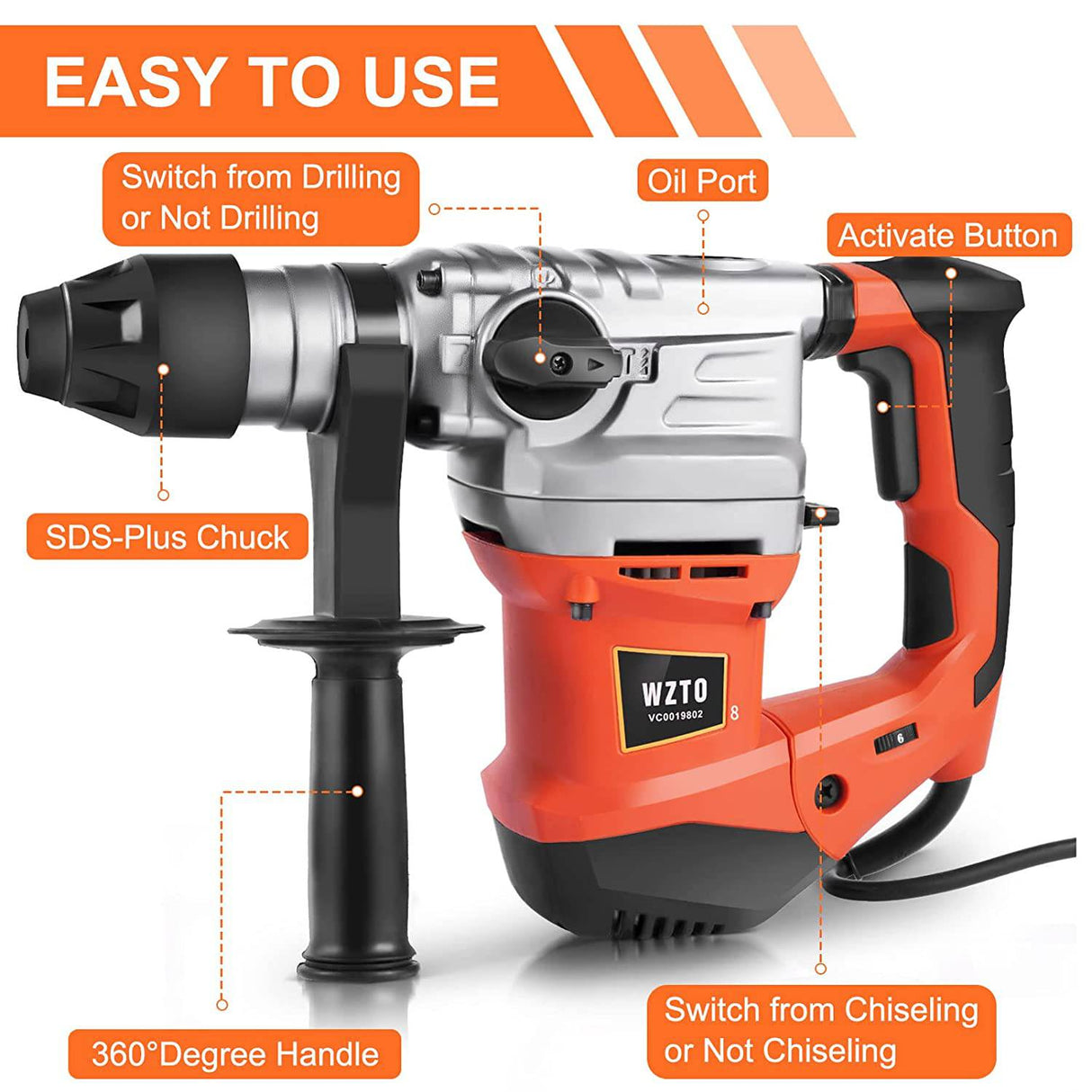 Taladro percutor giratorio de 1-1/4 pulgadas: WZTO SDS-Plus Taladro percutor de servicio pesado, embrague de seguridad 3 funciones con control de vibración, incluidos guantes, 3 brocas, cincel plano y puntiagudo y brocas con estuche - DIGVICE MX