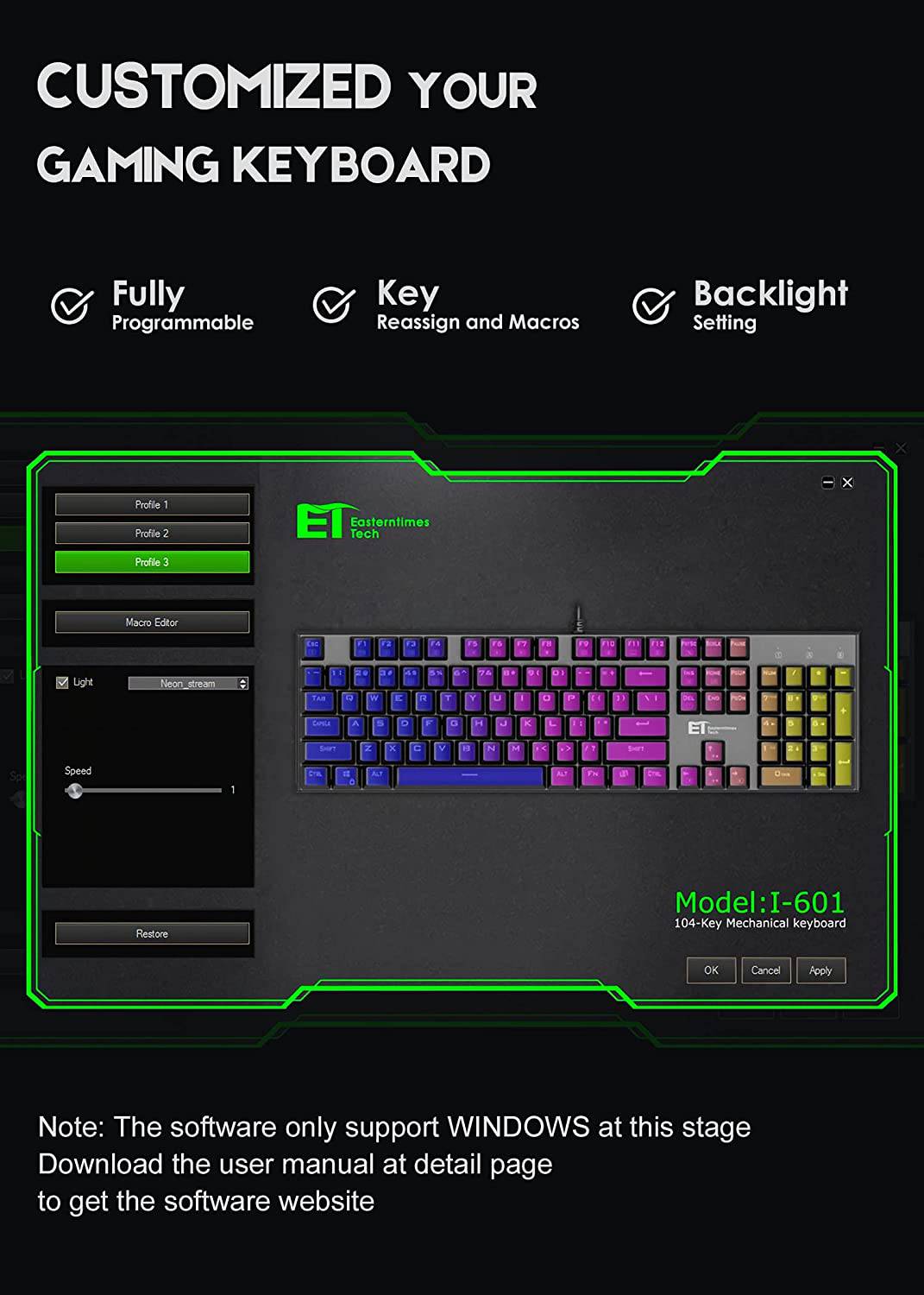 MIQ - Teclado mecánico para juegos, teclado RGB con cable de 104 teclas con interruptor azul, retroiluminación RGB programable para PC para juegos con Windows