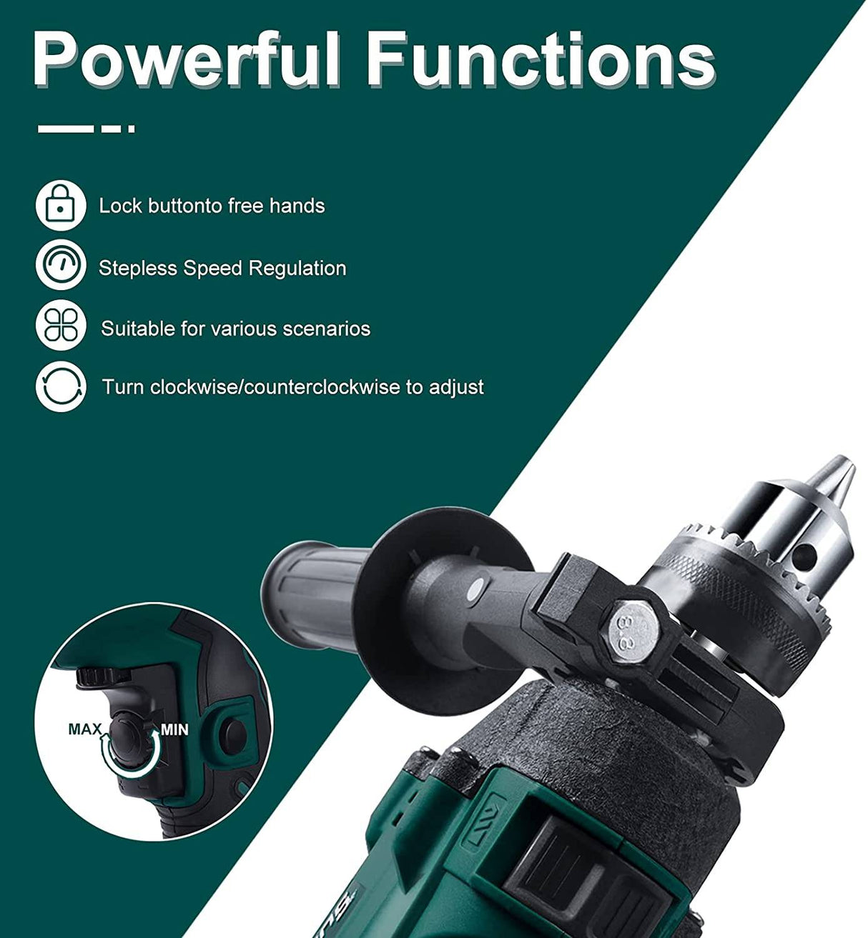 Sundpey Taladros eléctricos con cable - 1/2 pulgada 710W Velocidad variable 0-2800rpm Juego de 80 piezas Taladro de impacto con cable Dos modos Manija giratoria Medidor de profundidad para mejorar el hogar Construcción Concreto - DIGVICE MX