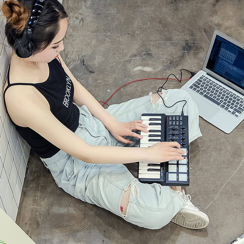 Ebriche mini controlador MIDI, mini teclado USB portátil de 25 teclas y controlador MIDI Drum Pad