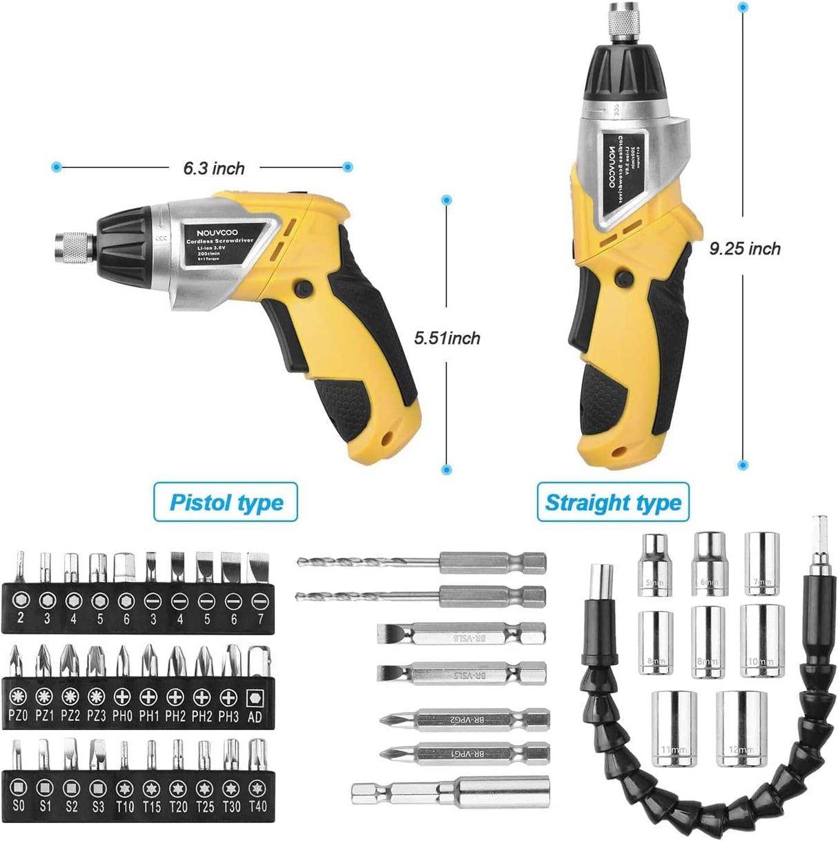 Destornillador eléctrico inalámbrico, NOUVCOO 47 piezas de pistolas de tornillo recargables con luces LED integradas, 7 ajustes de par, batería de iones de litio de 3,6 V 1300 mAh, accesorios completos para bricolaje doméstico, amarillo - DIGVICE MX