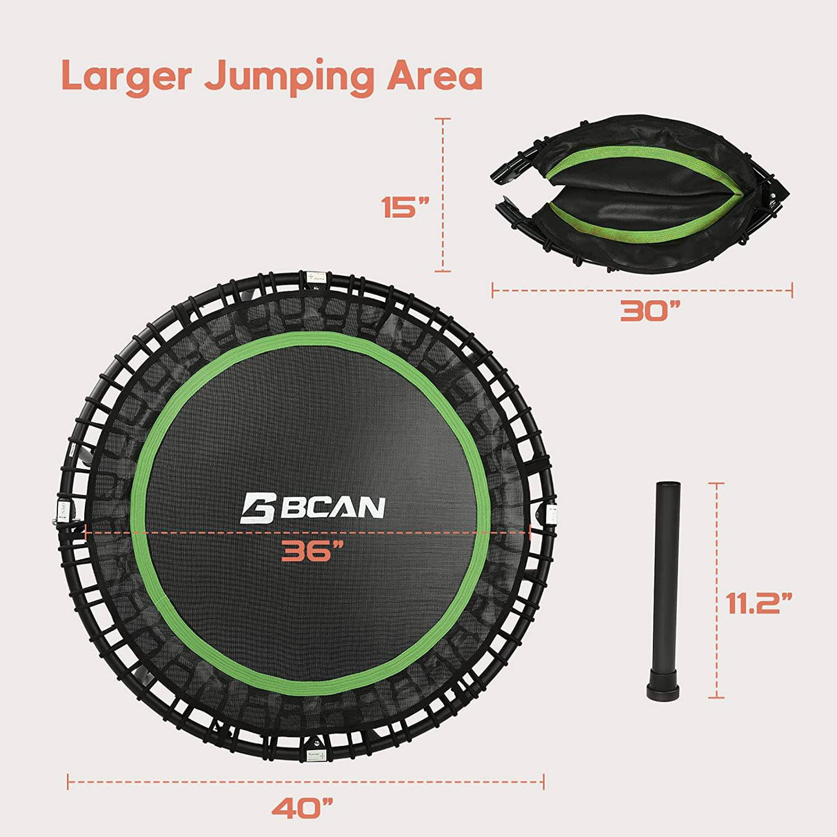 BCAN 300LBS/450LBS Mini trampolín plegable, 38" Fitness Trampoline con almohadilla de seguridad/cuerdas elásticas, rebote de ejercicio estable y silencioso para niños adultos entrenamiento en interior/jardín