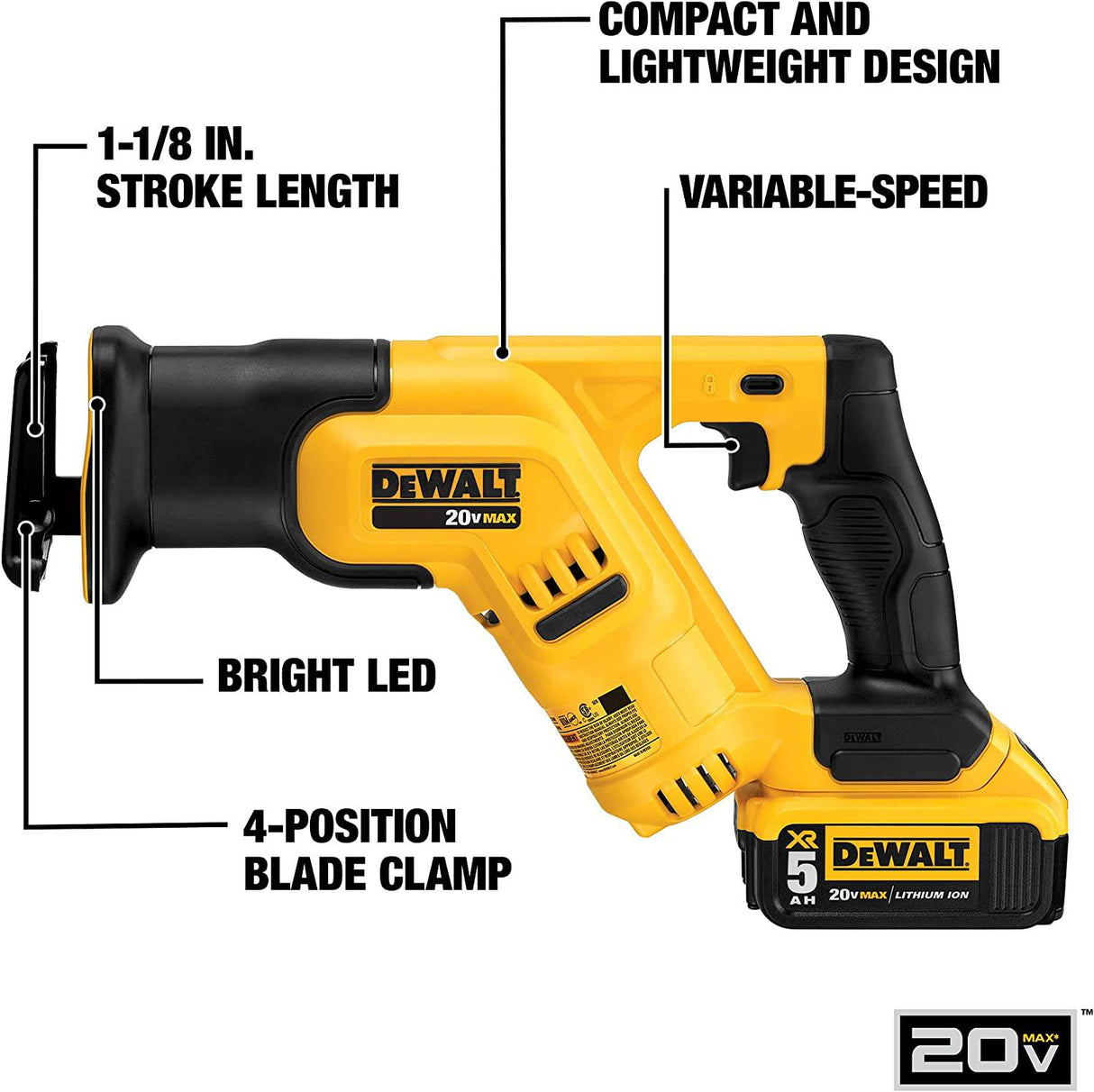 DEWALT 20V MAX* Kit de sierra recíproca inalámbrica, batería de 5 amperios por hora (DCS387P1) - DIGVICE MX