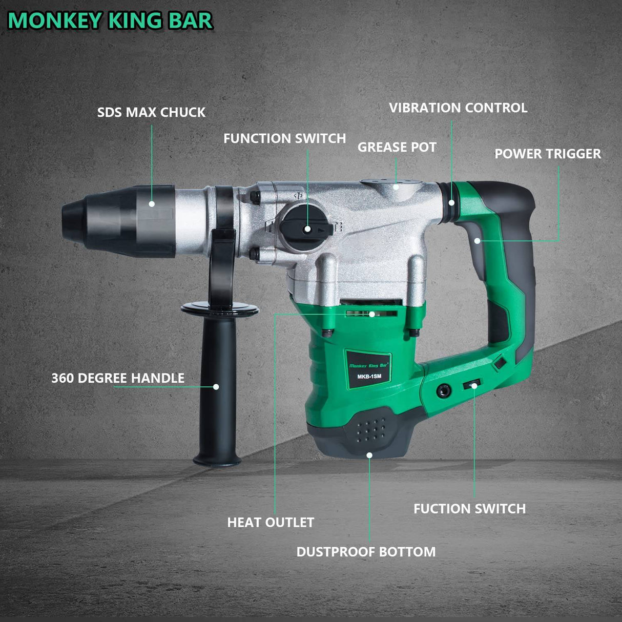 Monkey King Bar-SDS Max 120V 1500W 4200BPM Taladro percutor eléctrico rotatorio para hormigón con protección UVP contra vibraciones del usuario - Incluye kit de demolición SDS Max, cinceles planos y de punta con estuche - DIGVICE MX