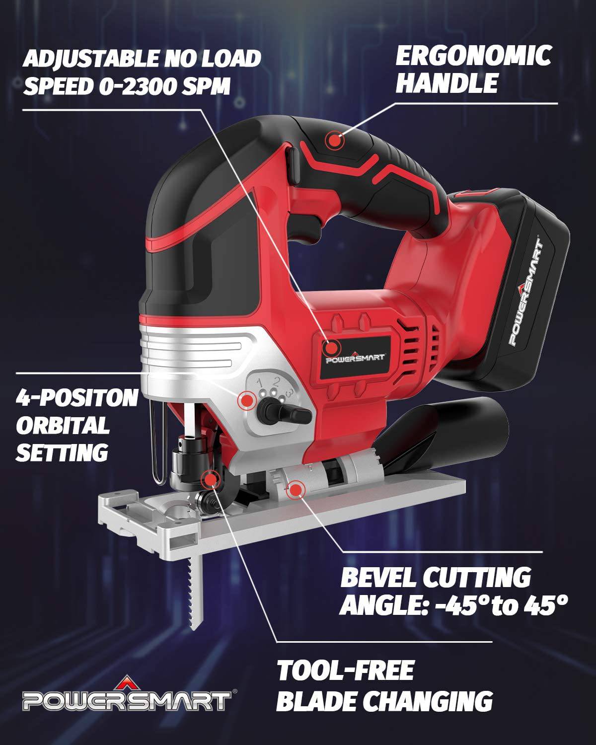 Sierra de calar PowerSmart inalámbrica de 20 V máx. con luz LED, sierra sable ligera con mango superior, orbital ajustable de 4 posiciones, corta madera y metal fácilmente, 3 cuchillas, batería de iones de litio de 2,0 Ah y cargador incluido - DIGVICE MX